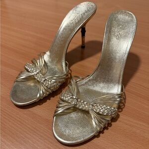 Rare Y2K Gucci Tom Ford era circa 2004 Gold Stiletto Mule Bamboo heels with COA